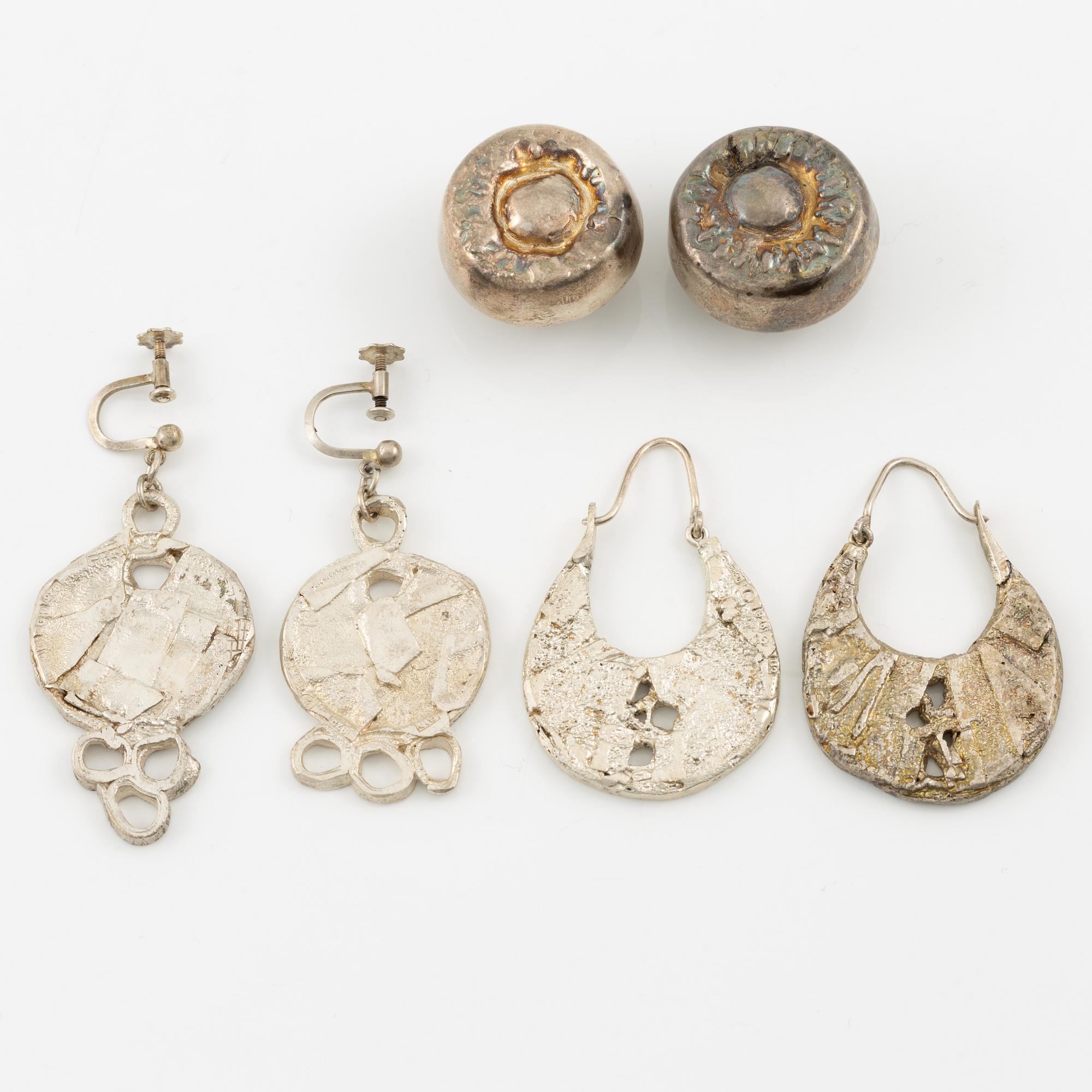 Lars Arby, three pairs of earrings, sterling silver, Gothenburg 1977, 1982 and 1983.