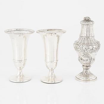 Vases 2 pcs, shakers 3 pcs, creamer, tongs, and spoon, silver.