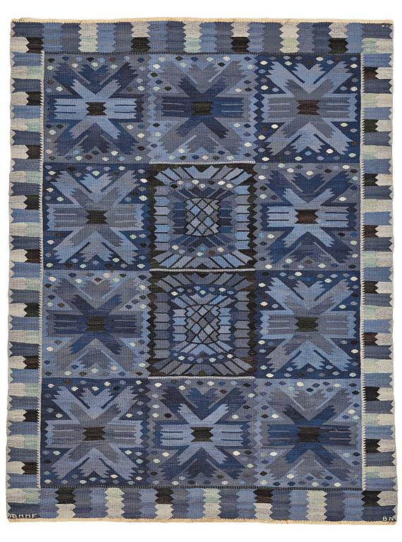 Barbro Nilsson, MATTO, "Nejlikan blå", flat weave, ca 281,5 x 213,5-217,5 cm, signed AB MMF BN.