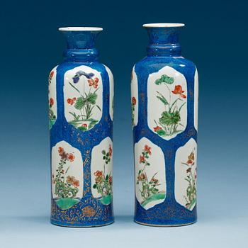 1696. A matched pair of powder blue vases with 'famille-verte' enamels, Qing dynasty, Kangxi (1622-1722).