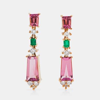 1233. A pair of tourmaline, emerald and diamond earrings. Total carat weight of diamonds circa 0.60 ct.