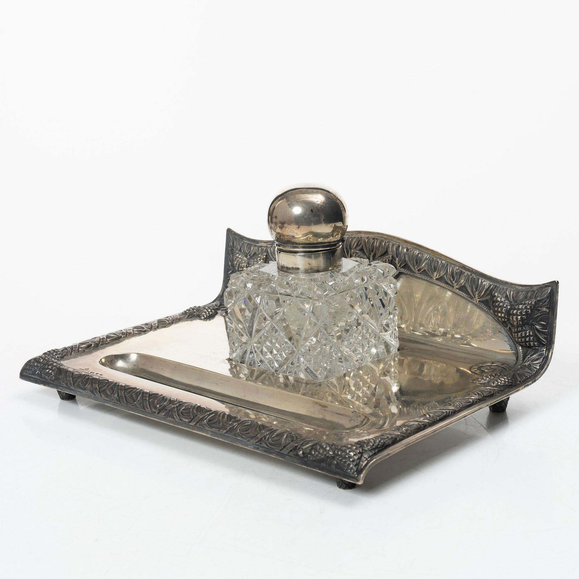 Jugend/Art Nouveau, CG Hallberg, writing desk, silver and glass, Stockholm 1916.