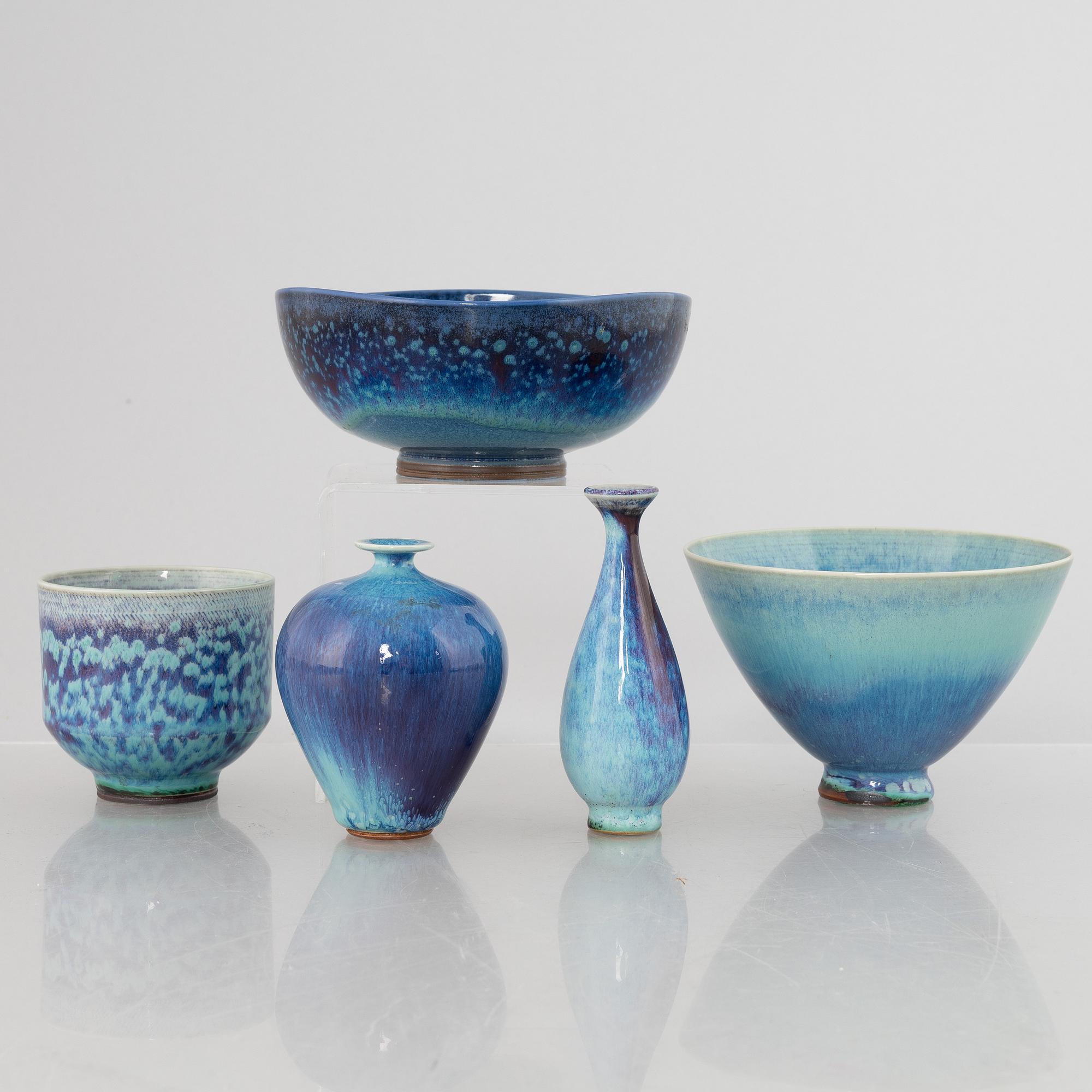 Berndt Friberg, a set of two stoneware vases and three bowls, Gustavsberg Studio 1965-74.