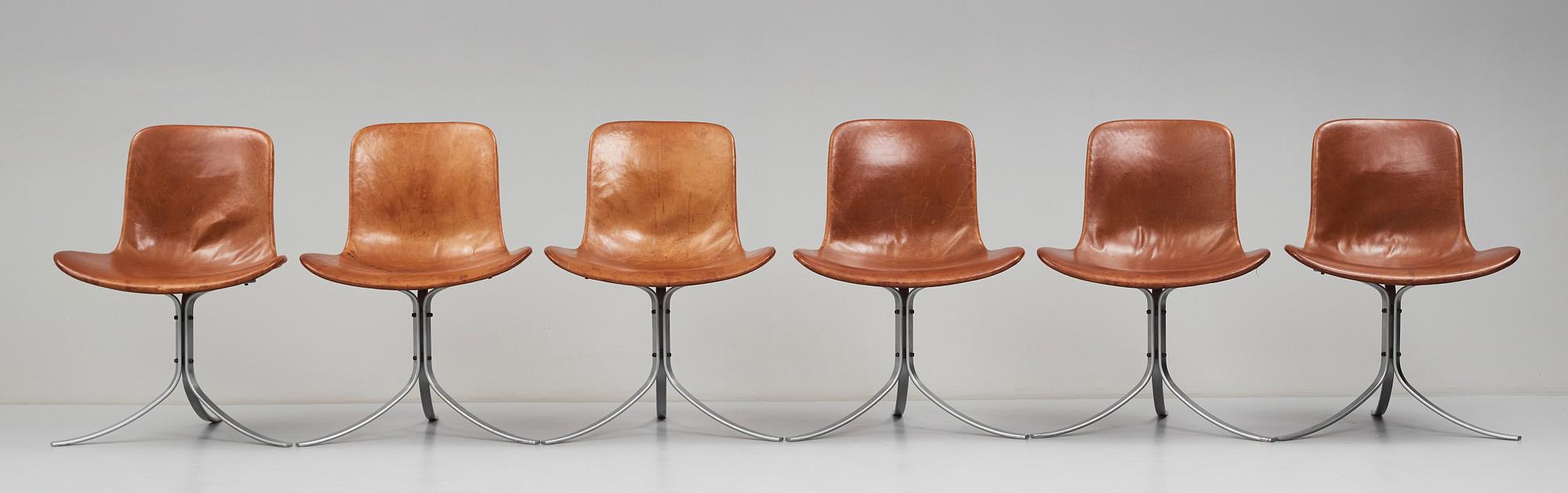 Poul Kjaerholm, a set of six brown leather "PK-9" chairs, E Kold Christensen, Denmark 1960's.