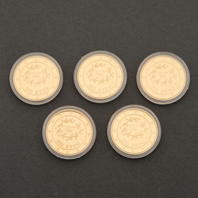 Five Athens 2004 Olympic games commemorative gold coins.