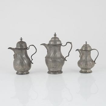 Three Rococo pewter coffee pots, 18th century.