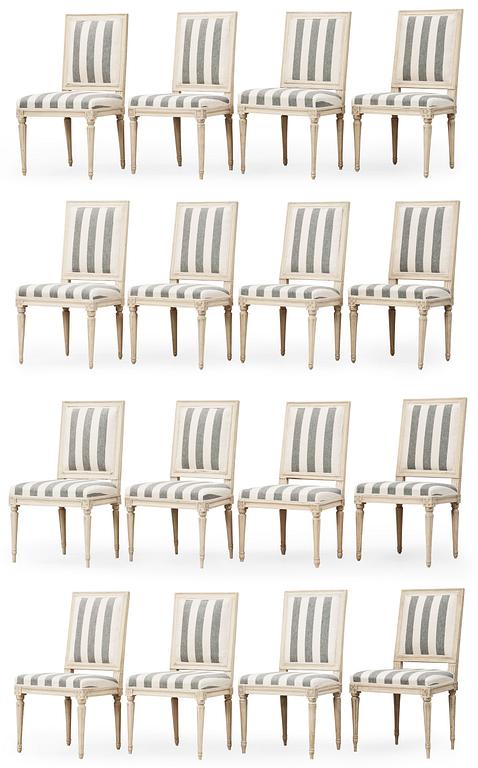 A matched set of 15 (+1 later) Gustavian late 18th century chairs.