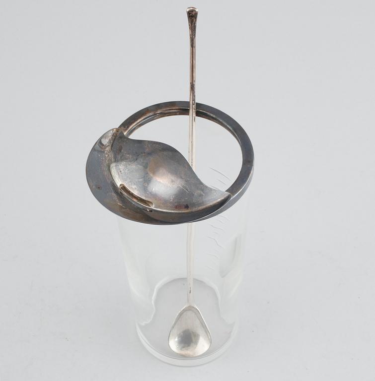 Cocktail jug and stirrer in glass and silver by Anton Michelsen, Denmark, mid/third quarter of the 20th century.
