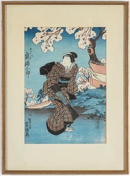 Three Japanese woodblock prints, 19th century.