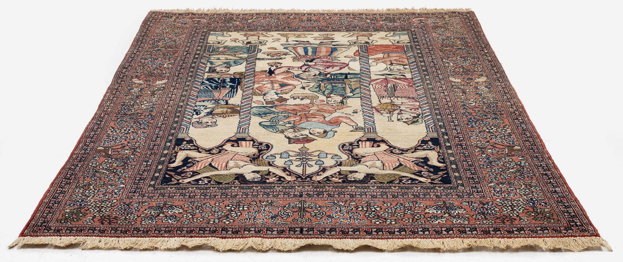 An antique pictoral Isfahan carpet, Central Persia, "Yusuf & Zuleika", c. 208 x 142 cm.