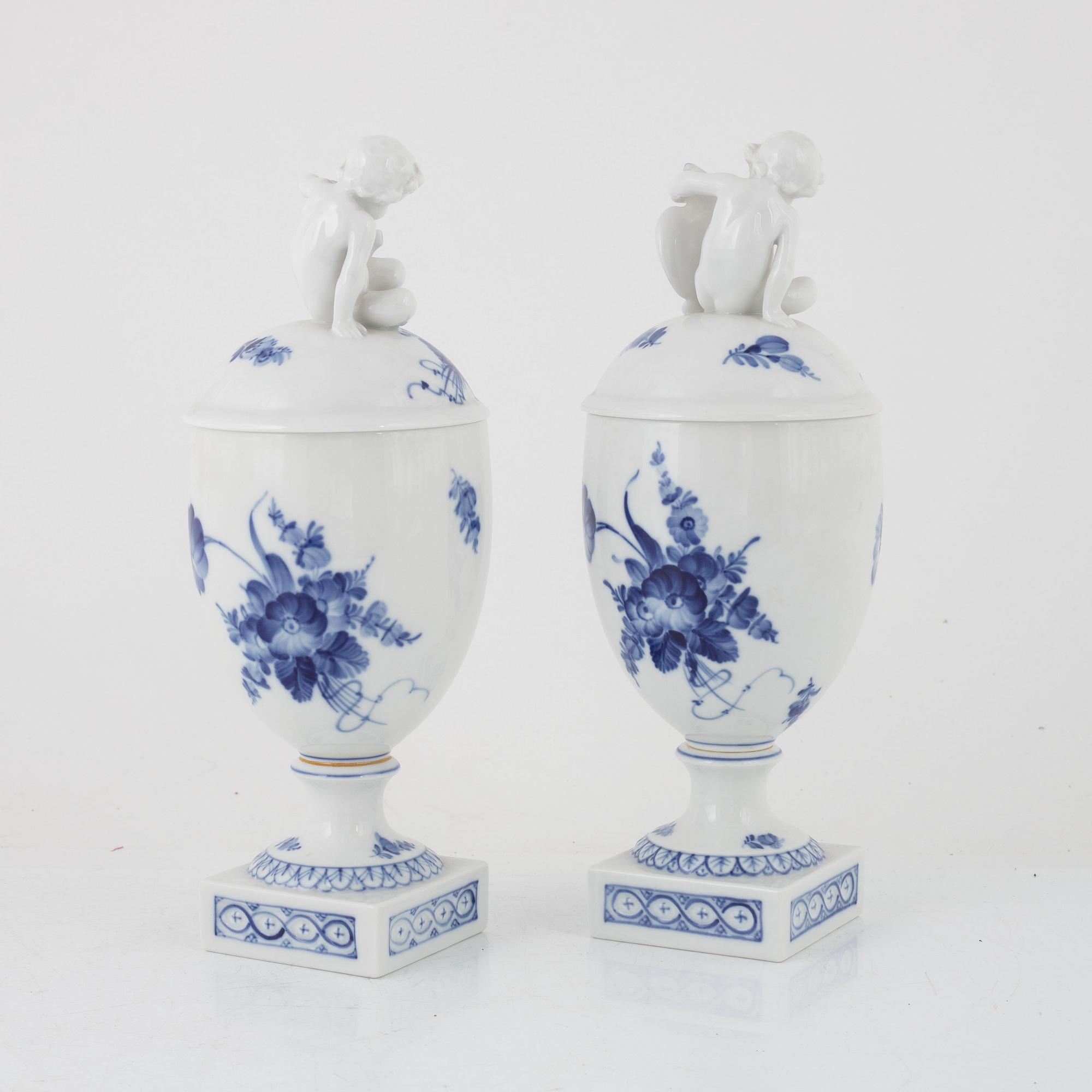 A pair of 'Blå Blomst' porcelain lidded urns, Royal Copenhagen, Denmark.