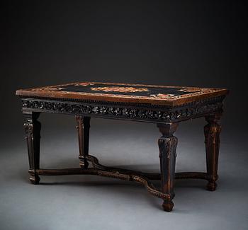 A pietre dure top, Italy, circa 1900, probably Rome or Naples. The stand in Louis XIV-style.