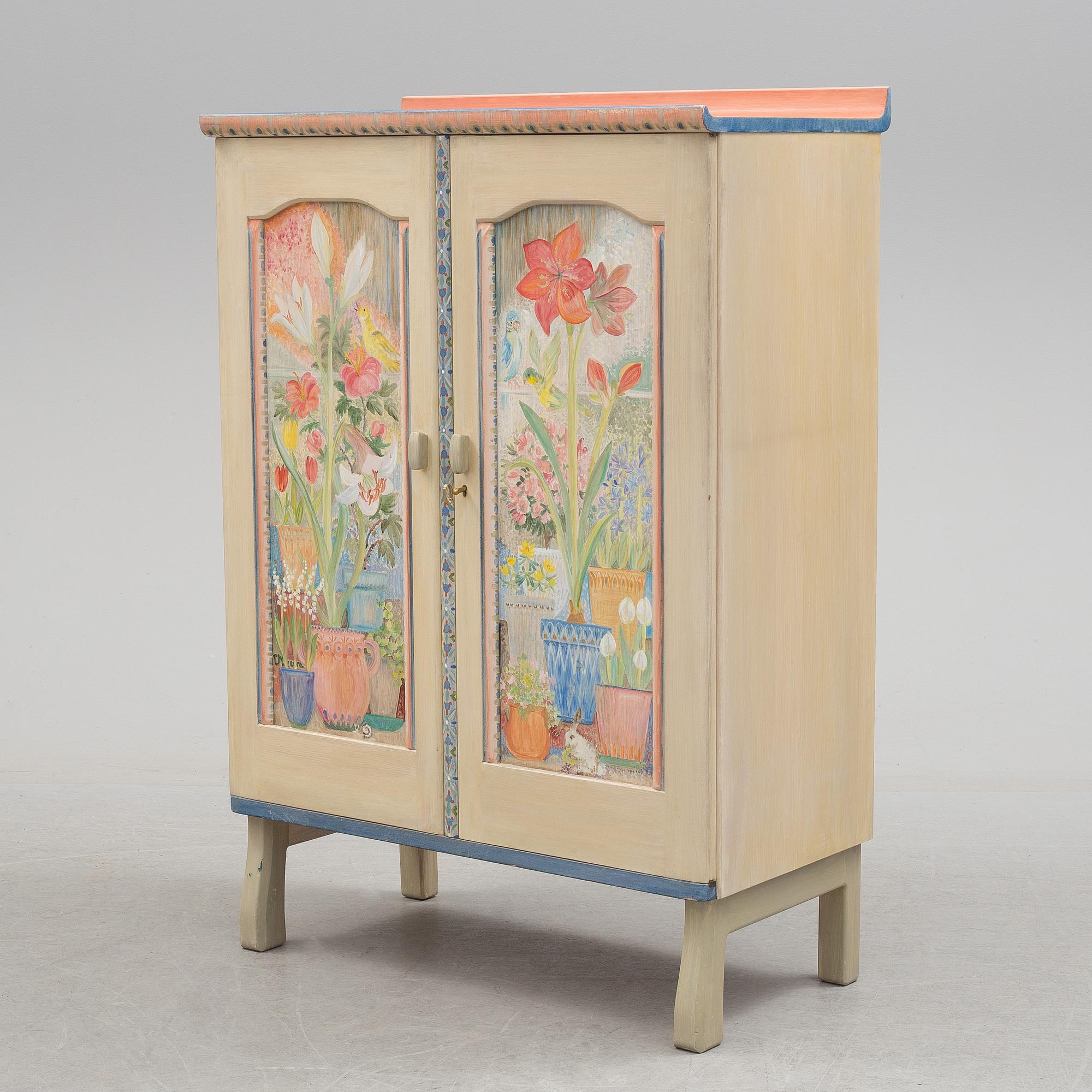 A Vidar Malmsten painted cabinet, Carl Malmsten AB, Sweden 1985, decorated by Liselotte Malmsten.