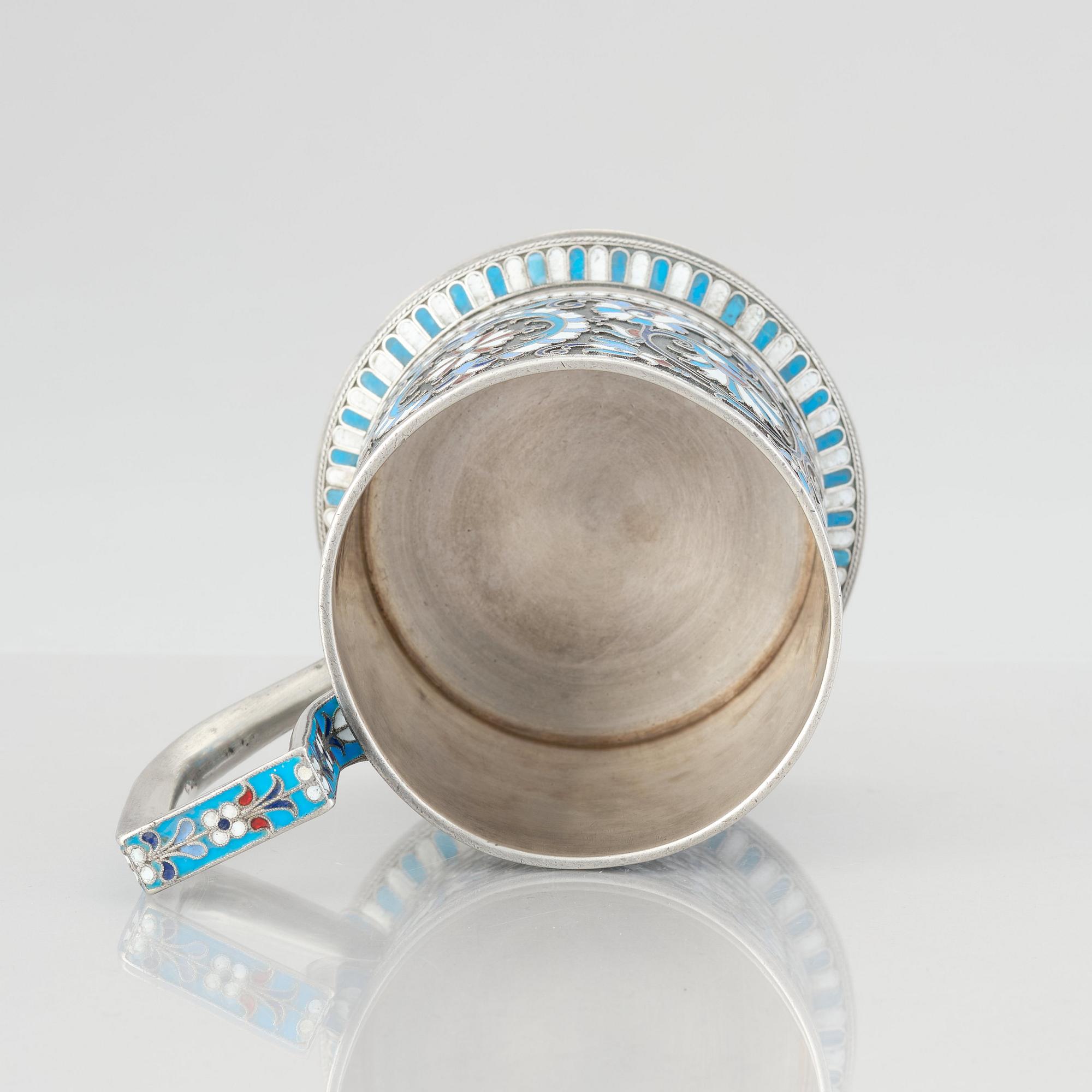 A Russian silver and enamel tea-glass holder, Moscow 1899-1908. Possibly Vasily Agafonov.