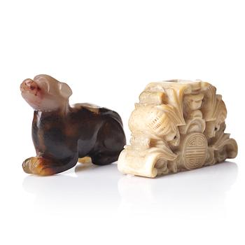 591. A culptured object and a nephrite figure of a dog, Qing dynasty, 19th Century.