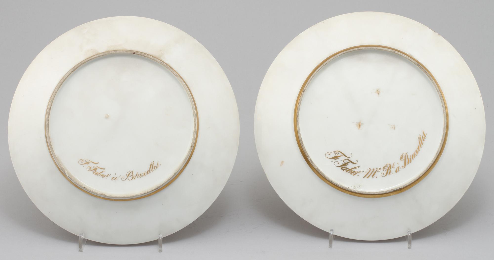 TALLRIKAR, 2 st, porslin, empire, märkta  F.Faber Mu.Rle. a Bruxelles, 1800-talets början.