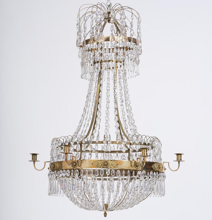 A late Gustavian gilt brass and cut glass seven-light chandelier, Stockholm late 18th century.