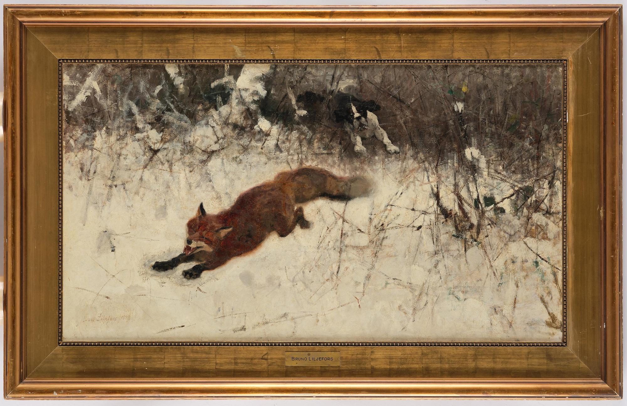 Bruno Liljefors, Winter hunting with fox and hound.
