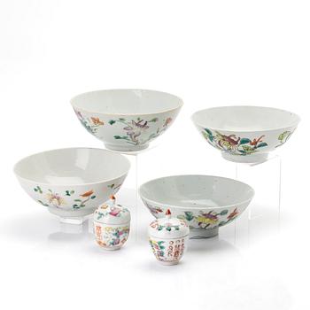 A group of four Chinese porcelain bowls and two jars with covers, 19th century/around 1900.