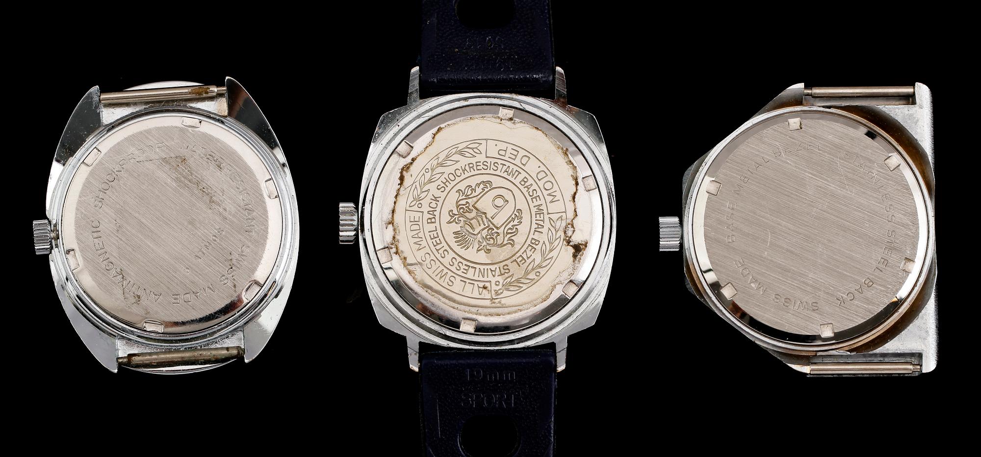 ARMBANDSUR, 3 st, stål, Tenor-Dorly, Sutton och Basis Hunter, 1970-tal.