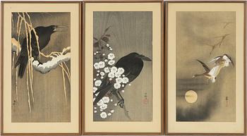 Ohara Koson, "Crow / raven in snow", "Geese in flight" and "Crow / raven resting on a branch between flowers".