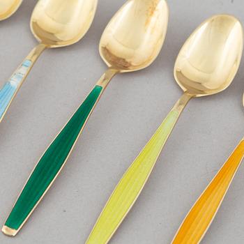 24 silver gilt and enamel coffee spoons, Norway, mid-20th century.