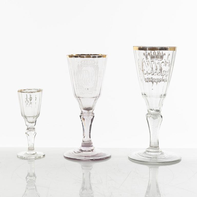 A set of two wineglasses and a small glass, 18th century.