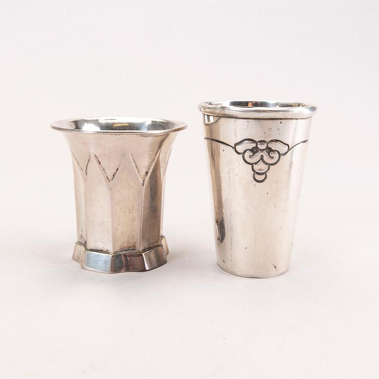 Six 20th century, miniature beakers, silver, makers of Georg Jensen, Lachmann and others.