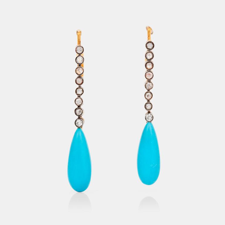 A pair of rose-cut diamond and turquoise earrings.