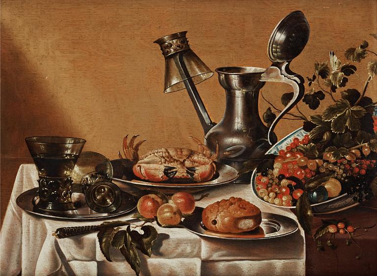 Pieter Claesz Hans krets, Stilleben med tennkanna, glas, krabba och frukter.