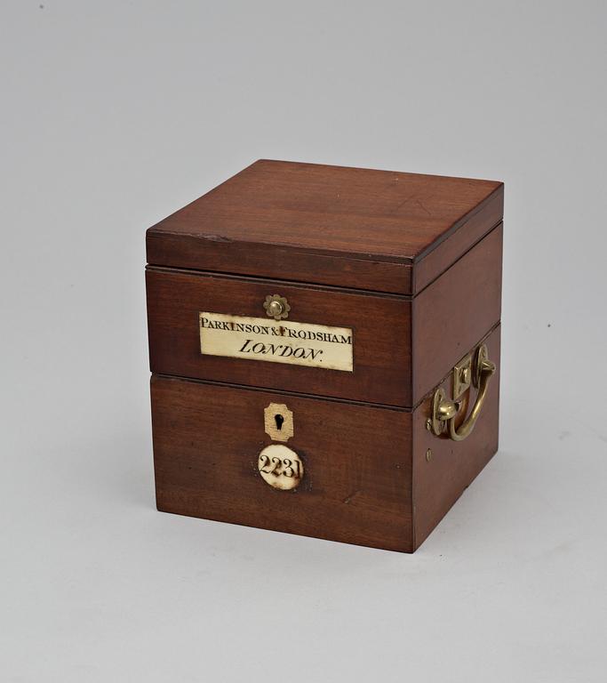 A Victorian middle 19th Century mahogny and brass-mounted Parkinson & Frodsham two days Marine Chronometer.