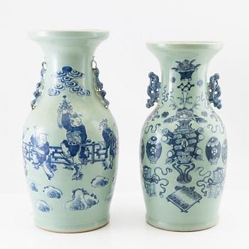 Two underglaze blue and celadon ground vases, late Qing dynasty and 20th century.