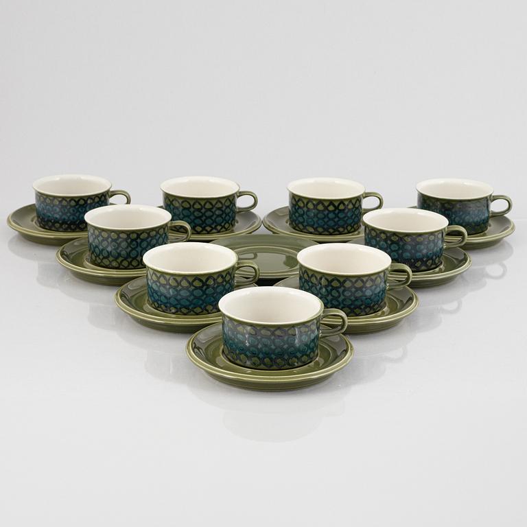 Hilkka-Liisa Ahola, tea pots with saucers, 9 pcs, stoneware, Arabia, 1960s.