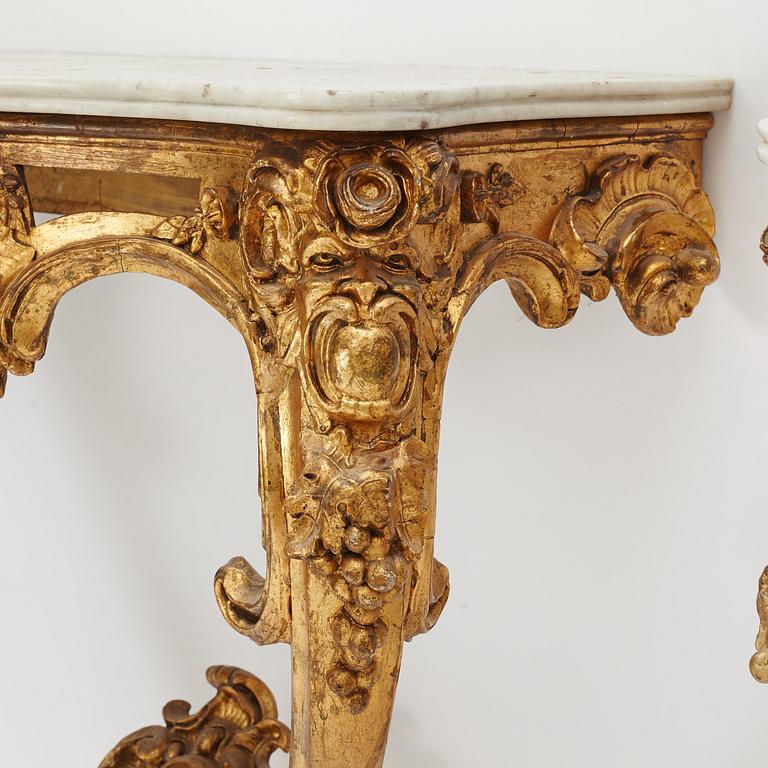 A pair of Rococo console tables, presumably Germany, 18th century.