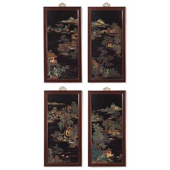 1213. A set of four Chinese lacquer panels with wooden frames, early 20th century.