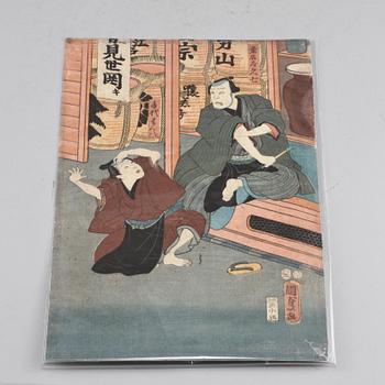 TRÄSNITT, 2 st, troligen Kunisada II samt Utagawa Kunisada Kochoro Toyokuni III, Japan, 1800-tal.