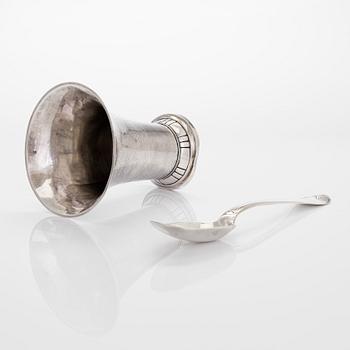 A silver beaker, maker's mark Isak Carlstedt, Porvoo ca. 1831, and silver spoon by Carl Fredrik Borgström, Turku 1803.