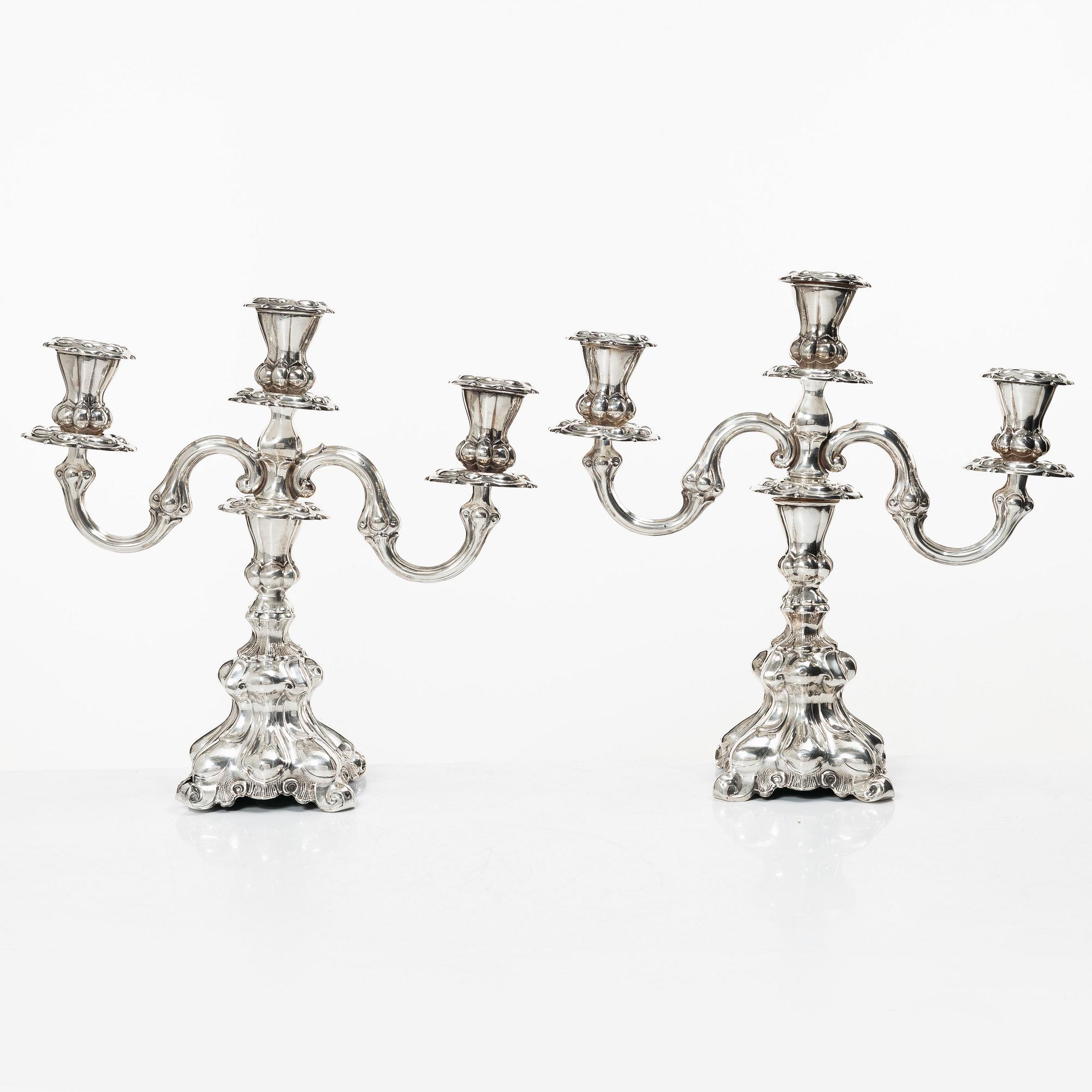 A pair of silver candelabra, Baroque style, Swedish import mark, 20th century.