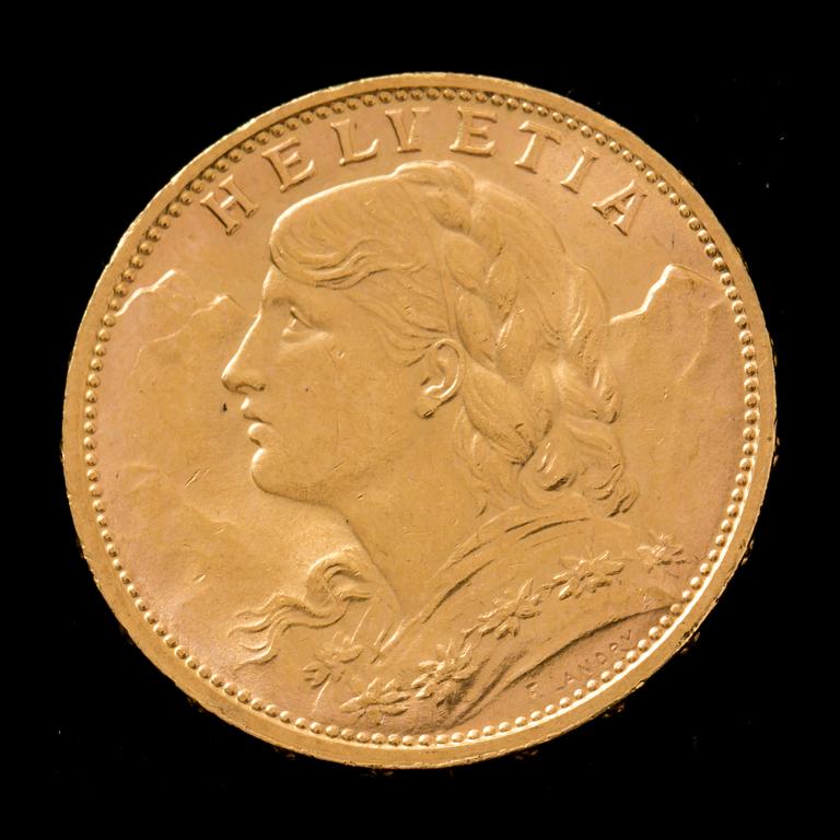 GULDMYNT, 20 francs, Helvetia. 1913. Vikt ca 6,5 g.