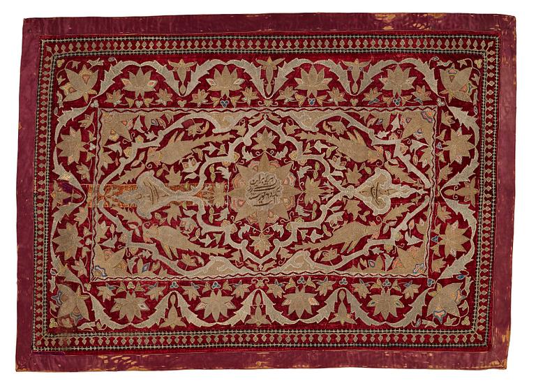 AN ANTIQUE VELVET EMBROIDERY, Persia/Iran, around 1700 - the middle of the 19th century, ca 100 x 142,5 cm (plus a 5 cm.