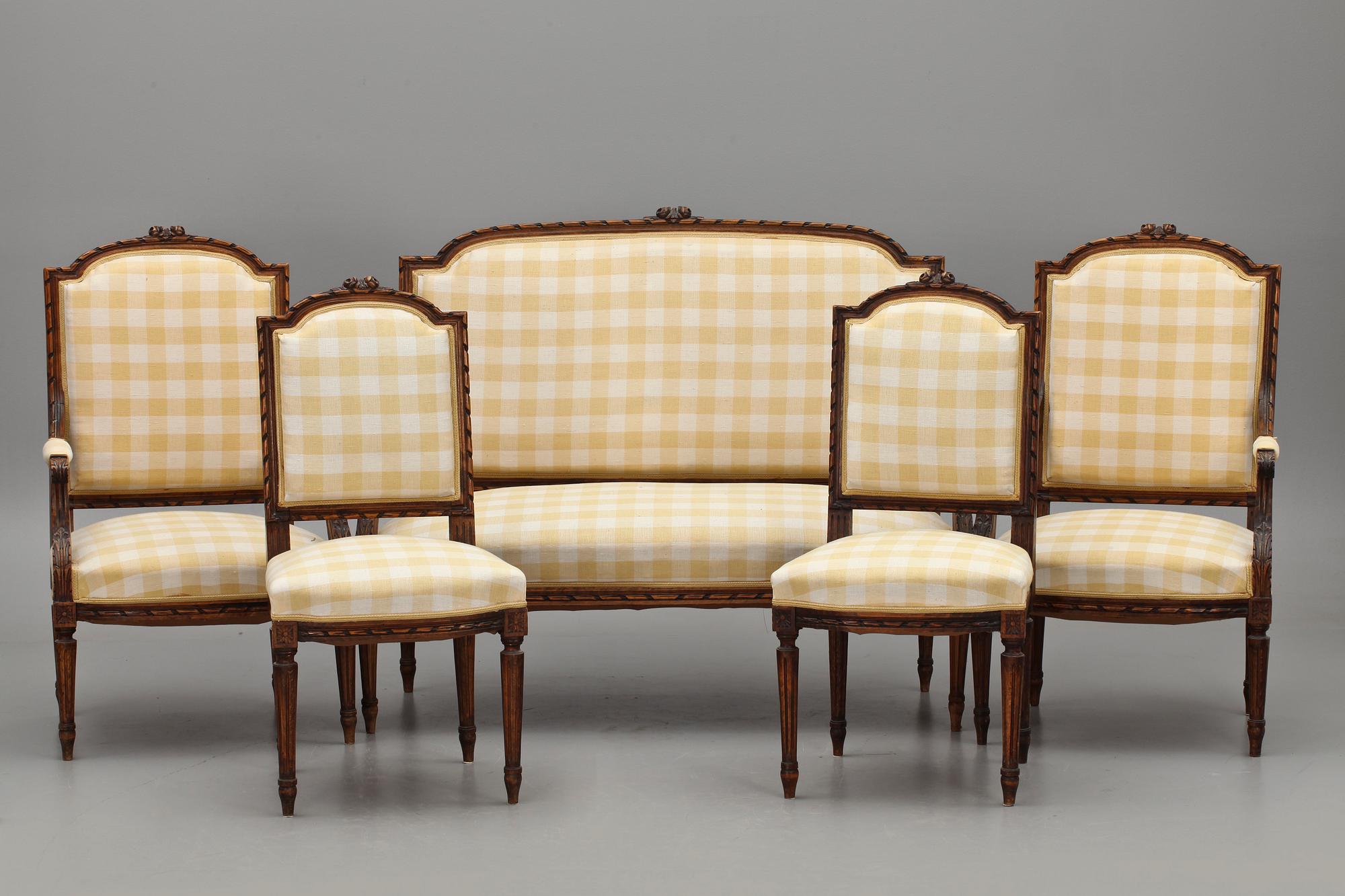 SALONGSGRUPP, 5 delar, gustaviansk stil, 1800/1900-tal.