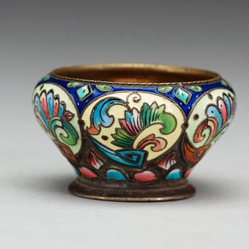 A Russian 19th century silver-gilt and enamel salt, makers mark of the 6th Artel, Moscow.