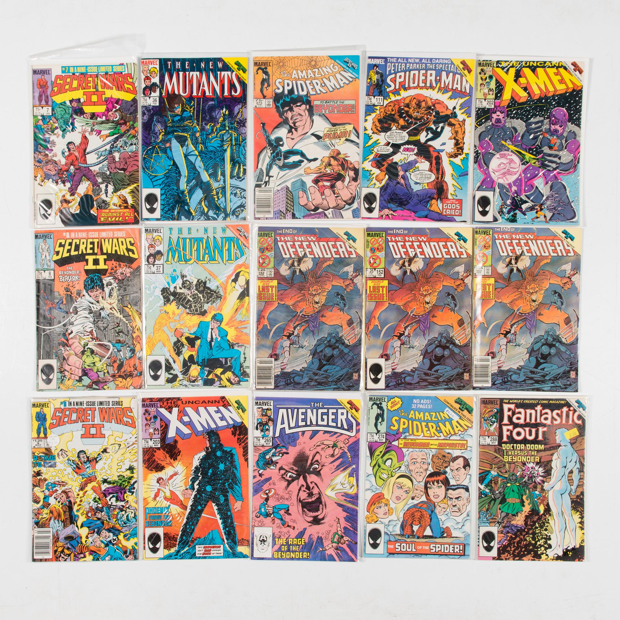 Serietidningar, 45 st, kompletta serier, Secret Wars I, II, III, Marvel, USA, 1984-88.