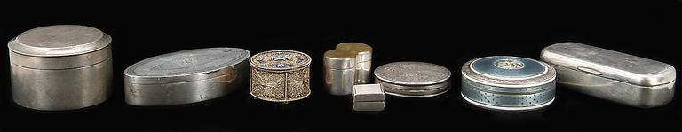 PARTI DOSOR, 8 st, silver, olika nationaliteter, 1800-1900-tal. Total vikt ca 437 g.