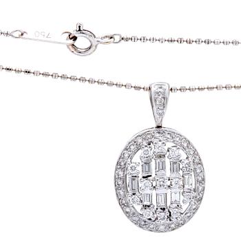 Pendant and chain, 18K whitegold, brilliant and baguette-cut diamonds approx 0,75 ct in total.