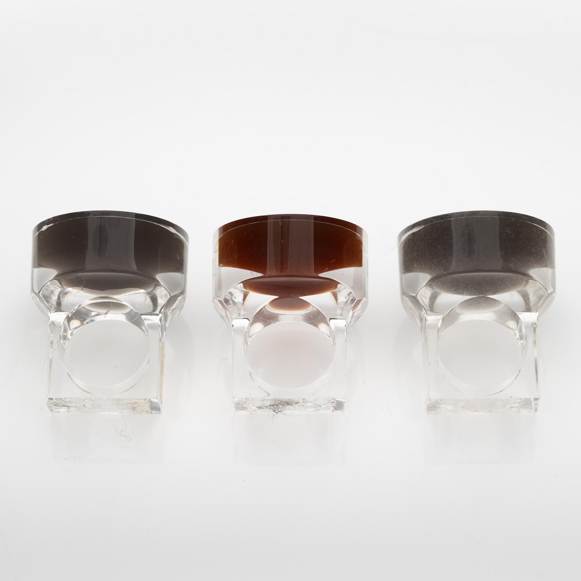 Siv Lagerström, three acrylic plastic rings. Engraved works from the 1970s.