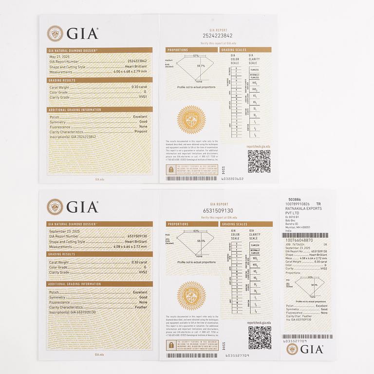 Örhängen, 18K vitguld med hjärtslipade diamanter totalt 0.60 ct. Medföljande GIA dossier.