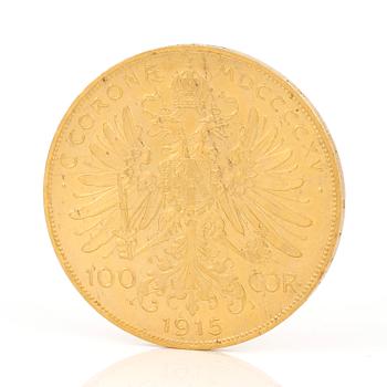 GULDMYNT, 100 Corona, Kejsarriket Österrike-Ungern, 1915. Vikt ca 33 gram.