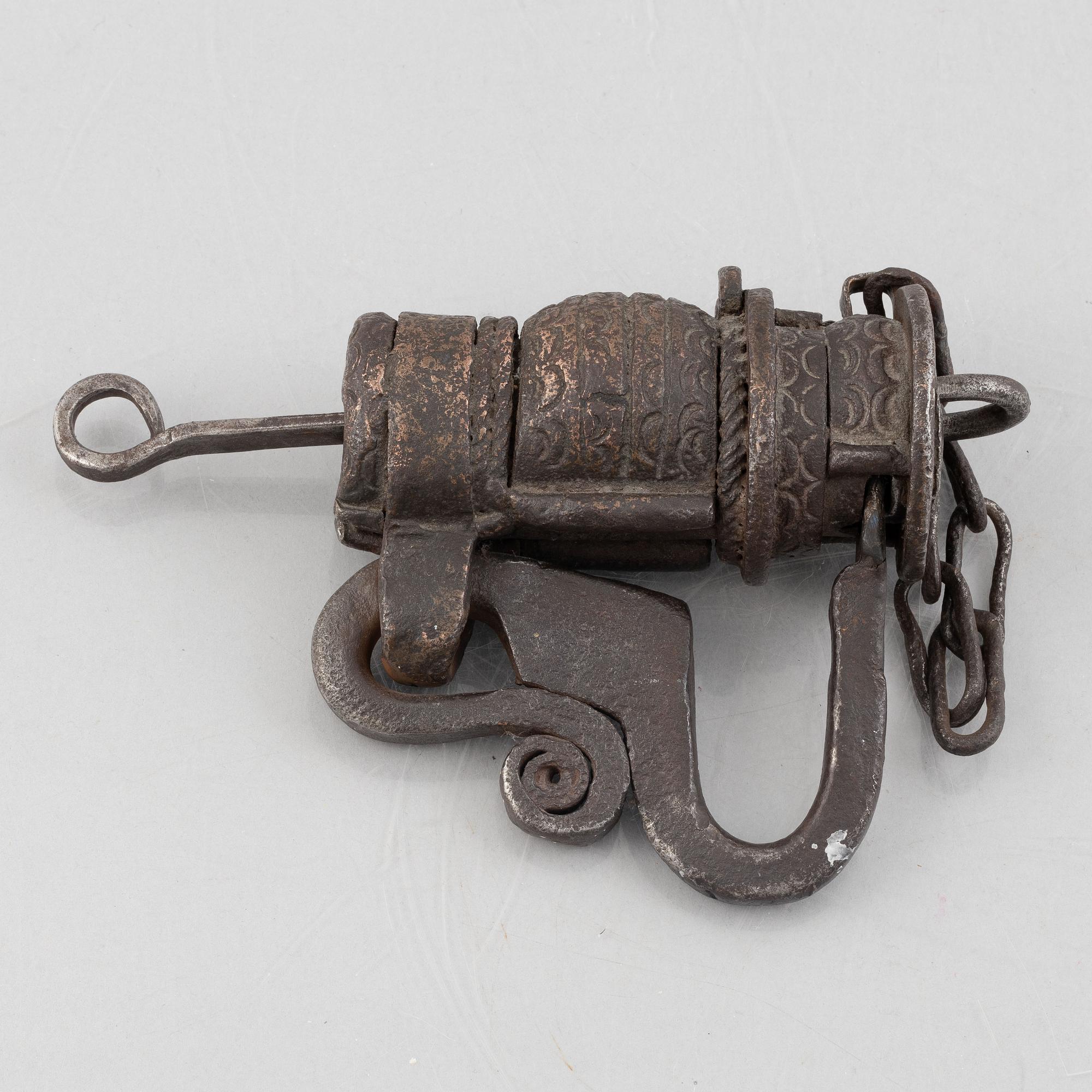 A Swedish wrought iron lock, 17th century.