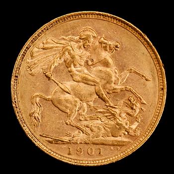 GULDMYNT, sovereign, Victoria, 1901. Vikt ca 8 g.
